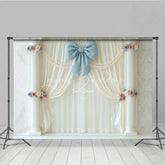 Lofaris Elegant White Curtain Photography Backdrop Blue Bow with Columns and Pearls Wedding or Bridal Shower Decor