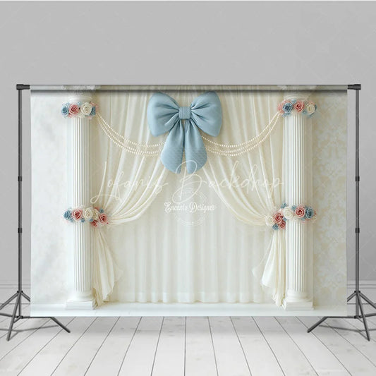 Lofaris Elegant White Curtain Photography Backdrop Blue Bow with Columns and Pearls Wedding or Bridal Shower Decor