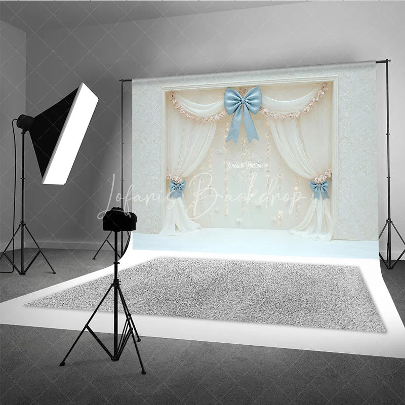 Lofaris Elegant White Curtain Photography Backdrop Blue Bows with Fairy Lights Wedding or Bridal Shower Photo Booth Decor