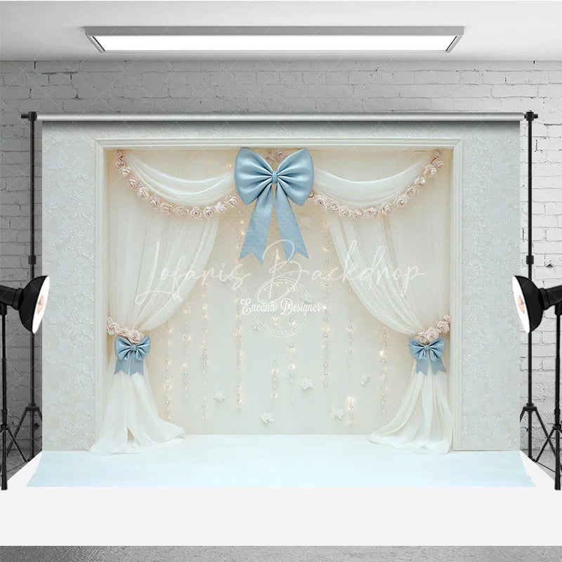 Lofaris Elegant White Curtain Photography Backdrop Blue Bows with Fairy Lights Wedding or Bridal Shower Photo Booth Decor