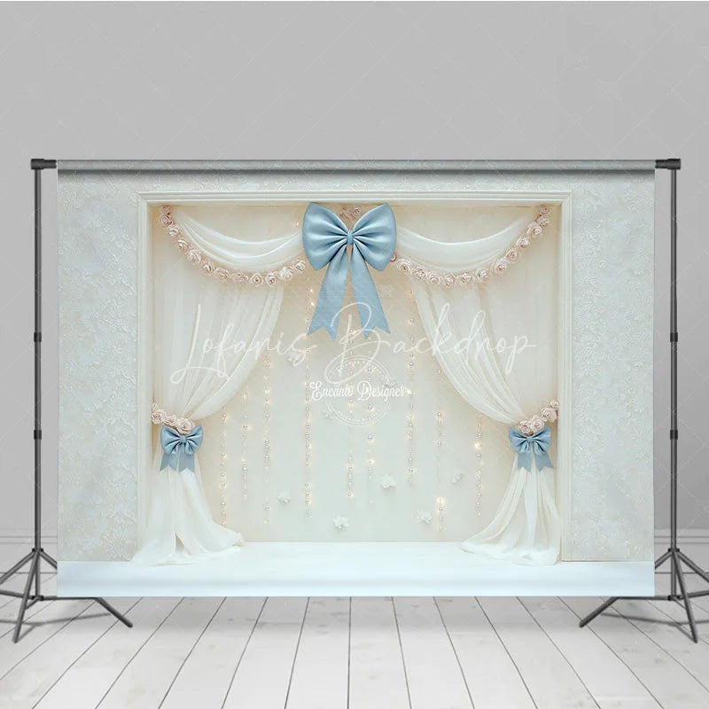 Lofaris Elegant White Curtain Photography Backdrop Blue Bows with Fairy Lights Wedding or Bridal Shower Photo Booth Decor