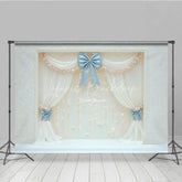 Lofaris Elegant White Curtain Photography Backdrop Blue Bows with Fairy Lights Wedding or Bridal Shower Photo Booth Decor