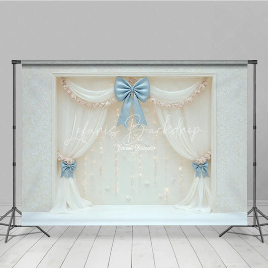 Lofaris Elegant White Curtain Photography Backdrop Blue Bows with Fairy Lights Wedding or Bridal Shower Photo Booth Decor