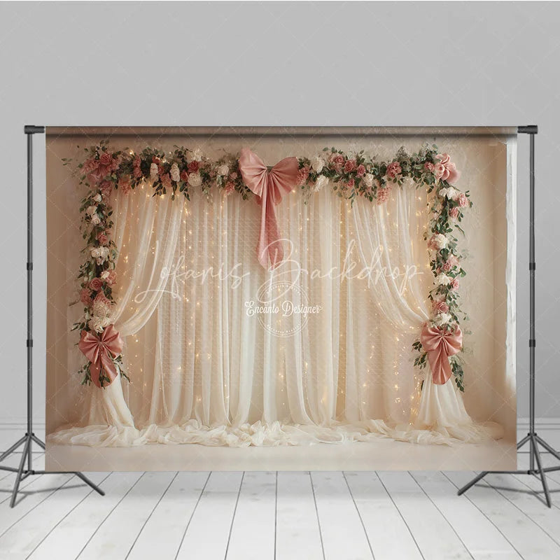 Lofaris Elegant White Curtain Photography Backdrop with Pink Bows Floral Garland and Fairy Lights Wedding Photo Booth
