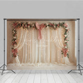 Lofaris Elegant White Curtain Photography Backdrop with Pink Bows Floral Garland and Fairy Lights Wedding Photo Booth