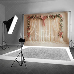 Lofaris Elegant White Curtain Photography Backdrop with Pink Bows Floral Garland and Fairy Lights Wedding Photo Booth