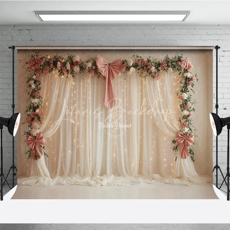 Lofaris Elegant White Curtain Photography Backdrop with Pink Bows Floral Garland and Fairy Lights Wedding Photo Booth