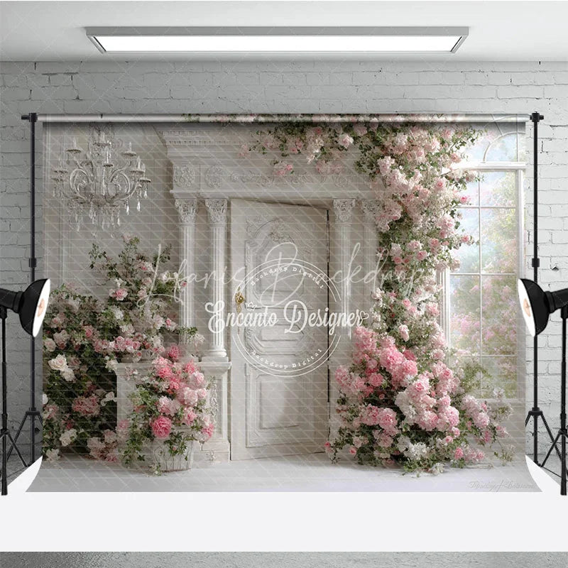 Lofaris Elegant White Door Photography Backdrop Pink Climbing Roses and Chandelier Romantic Wedding Photo Background