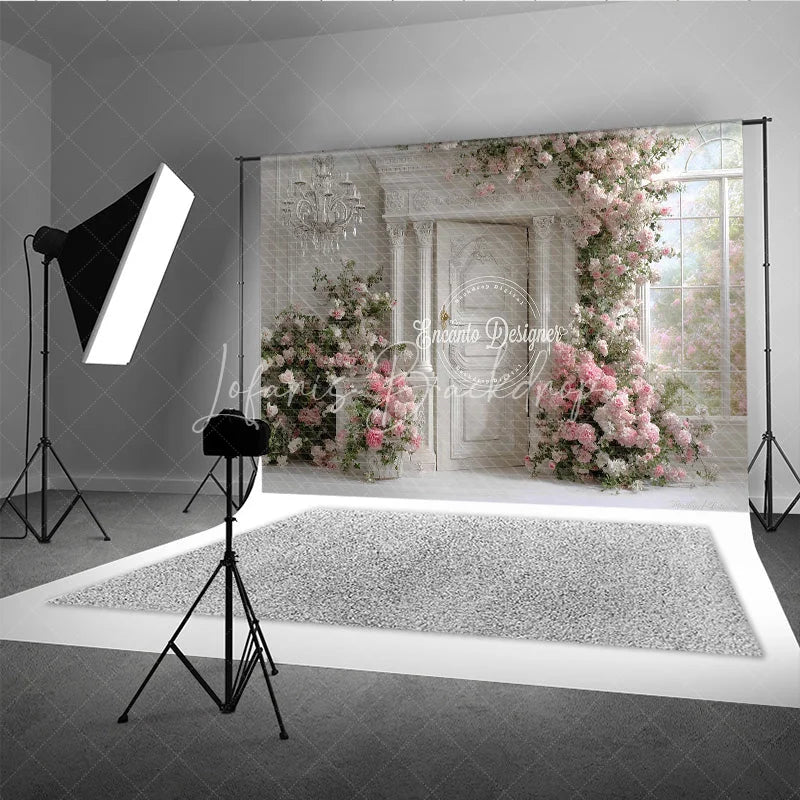 Lofaris Elegant White Door Photography Backdrop Pink Climbing Roses and Chandelier Romantic Wedding Photo Background