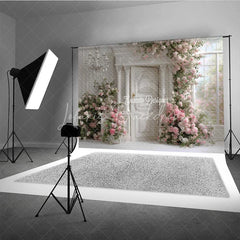 Lofaris Elegant White Door Photography Backdrop Pink Climbing Roses and Chandelier Romantic Wedding Photo Background