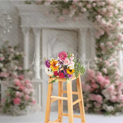 Lofaris Elegant White Door Photography Backdrop Pink Climbing Roses and Chandelier Romantic Wedding Photo Background