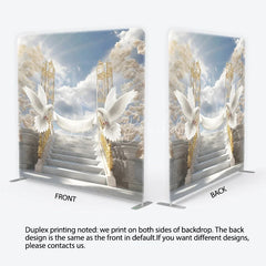 Lofaris Elegant White Doves and Golden Gates Square Tension Backdrop Heavenly Marble Stairs for Wedding Baptism or Memorial