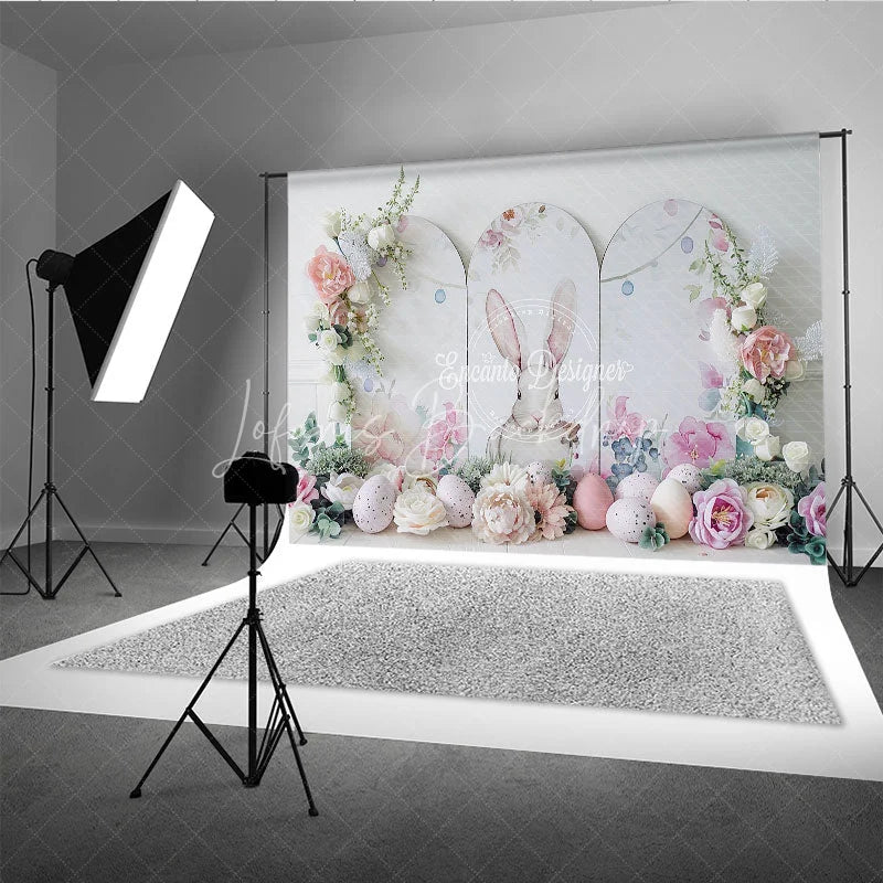 Lofaris Elegant White Easter Bunny Backdrop Floral Arch and Speckled Eggs Spring Party Decoration