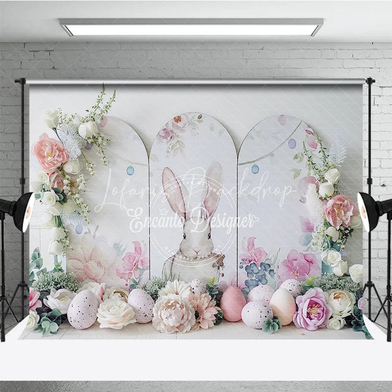 Lofaris Elegant White Easter Bunny Backdrop Floral Arch and Speckled Eggs Spring Party Decoration
