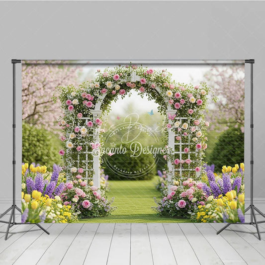 Lofaris Elegant White Floral Arch Photography Backdrop with Pink and Yellow Roses Spring Garden Wedding Celebration