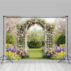 Lofaris Elegant White Floral Arch Photography Backdrop with Pink and Yellow Roses Spring Garden Wedding Celebration