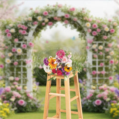 Lofaris Elegant White Floral Arch Photography Backdrop with Pink and Yellow Roses Spring Garden Wedding Celebration