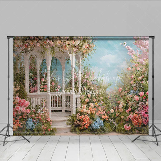 Lofaris Elegant White Gazebo Photography Backdrop with Pastel Pink and Peach Flowers Romantic Garden Scene for Weddings