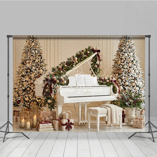 Lofaris Elegant White Grand Piano and Flocked Christmas Trees Holiday Backdrop Festive Gold Ornaments Musical Decor