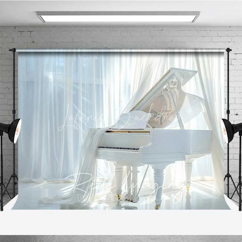Lofaris Elegant White Grand Piano Photography Backdrop Flowing Curtains Bright Window Photo Background Music Room Prop