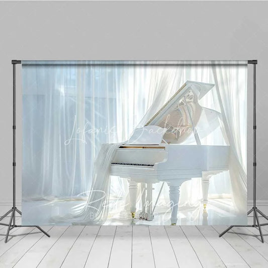 Lofaris Elegant White Grand Piano Photography Backdrop Flowing Curtains Bright Window Photo Background Music Room Prop