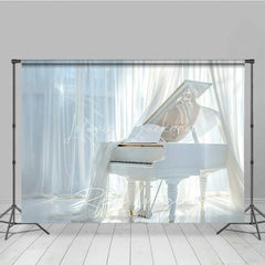 Lofaris Elegant White Grand Piano Photography Backdrop Flowing Curtains Bright Window Photo Background Music Room Prop