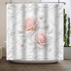 Lofaris Elegant White Ornate Frame with Blush Pink Roses Floral Shower Curtain Classic Romantic Bathroom Decor.