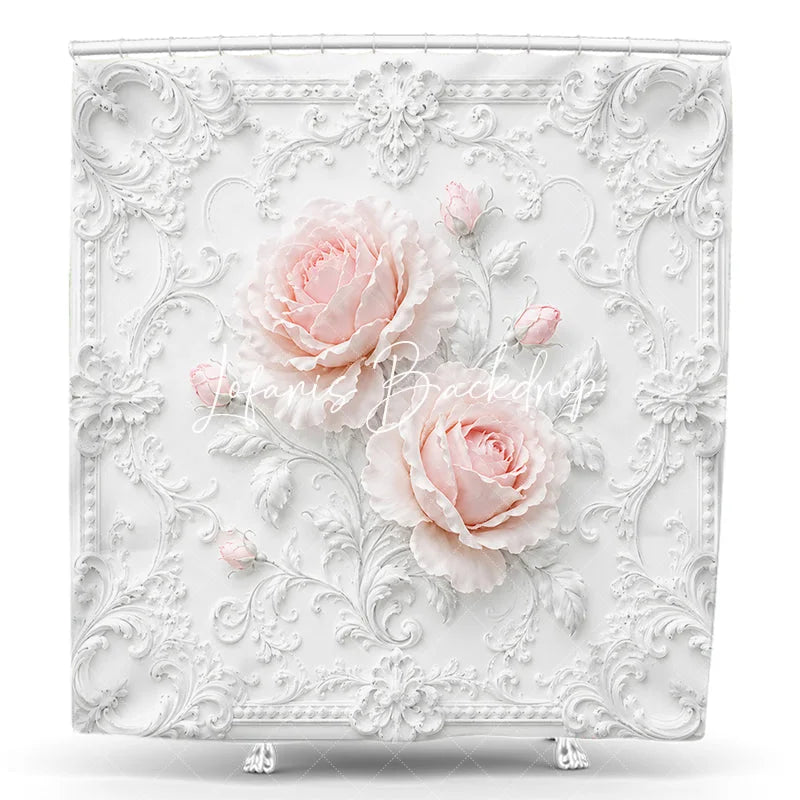 Lofaris Elegant White Ornate Frame with Blush Pink Roses Floral Shower Curtain Classic Romantic Bathroom Decor.