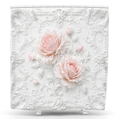 Lofaris Elegant White Ornate Frame with Blush Pink Roses Floral Shower Curtain Classic Romantic Bathroom Decor.