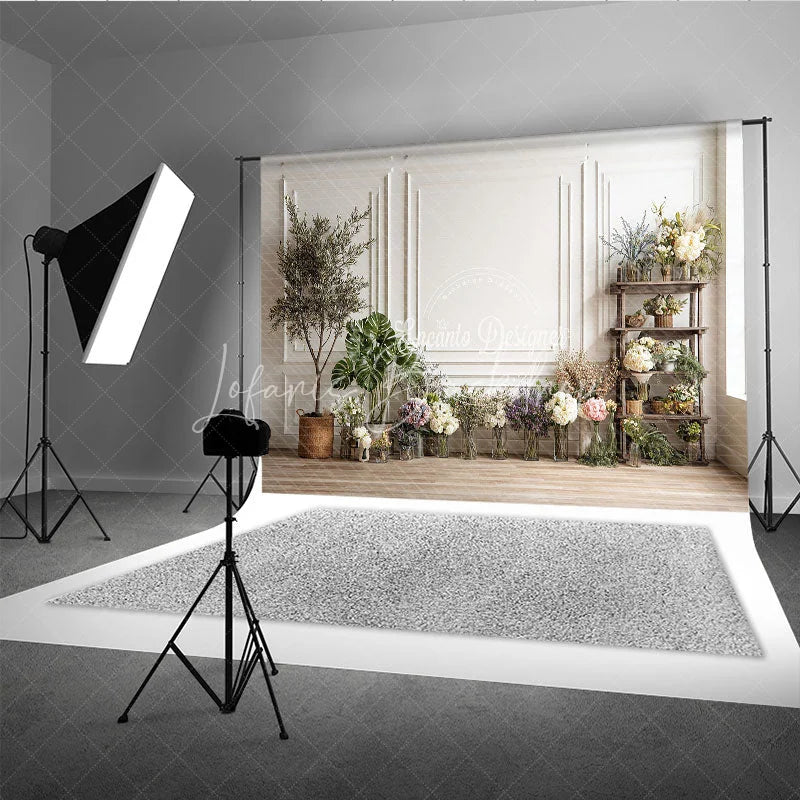 Lofaris Elegant White Paneled Wall with Assorted Flowers and Greenery Photography Backdrop Rustic Studio Portrait Decor for Photoshoots