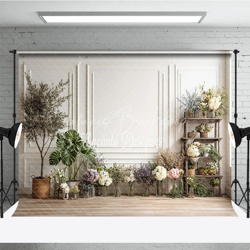 Lofaris Elegant White Paneled Wall with Assorted Flowers and Greenery Photography Backdrop Rustic Studio Portrait Decor for Photoshoots