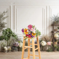 Lofaris Elegant White Paneled Wall with Assorted Flowers and Greenery Photography Backdrop Rustic Studio Portrait Decor for Photoshoots