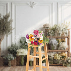 Lofaris Elegant White Paneled Wall with Olive Tree and Floral Arrangements Photography Backdrop Natural Light Studio Decor