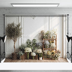 Lofaris Elegant White Paneled Wall with Olive Tree and Floral Arrangements Photography Backdrop Natural Light Studio Decor