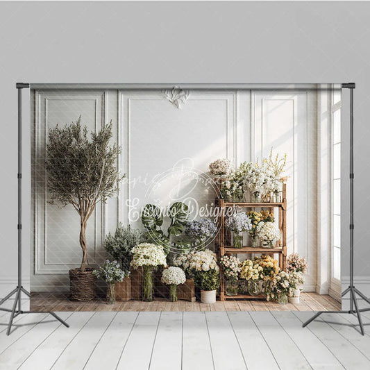 Lofaris Elegant White Paneled Wall with Olive Tree and Floral Arrangements Photography Backdrop Natural Light Studio Decor