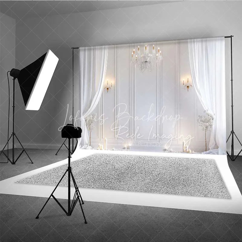 Lofaris Elegant White Room Photography Backdrop Crystal Chandelier Curtains Candles Background Wedding Bridal Photo Prop
