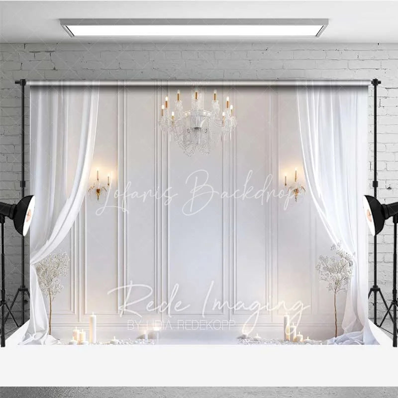 Lofaris Elegant White Room Photography Backdrop Crystal Chandelier Curtains Candles Background Wedding Bridal Photo Prop