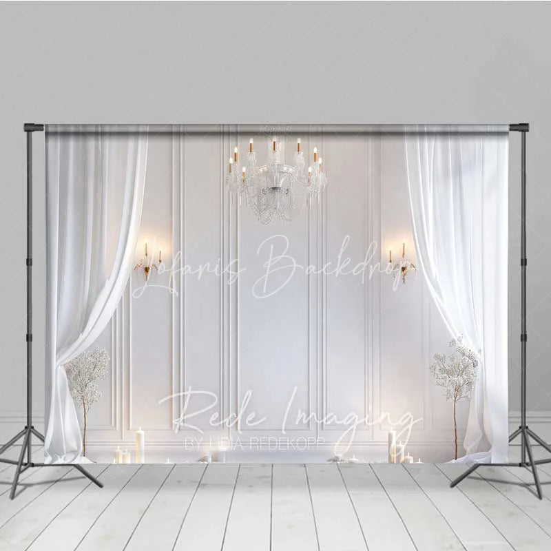 Lofaris Elegant White Room Photography Backdrop Crystal Chandelier Curtains Candles Background Wedding Bridal Photo Prop