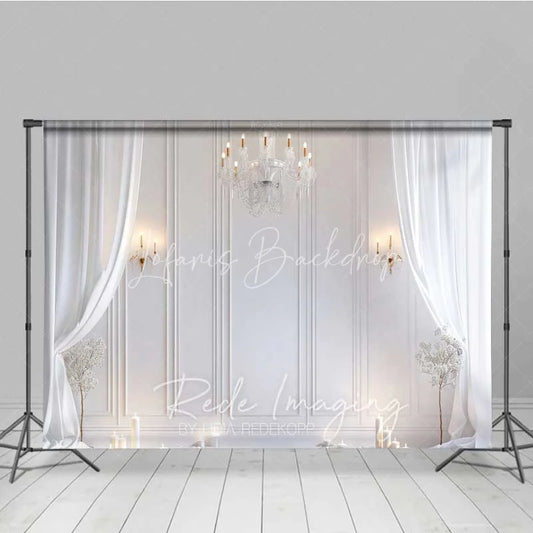 Lofaris Elegant White Room Photography Backdrop Crystal Chandelier Curtains Candles Background Wedding Bridal Photo Prop