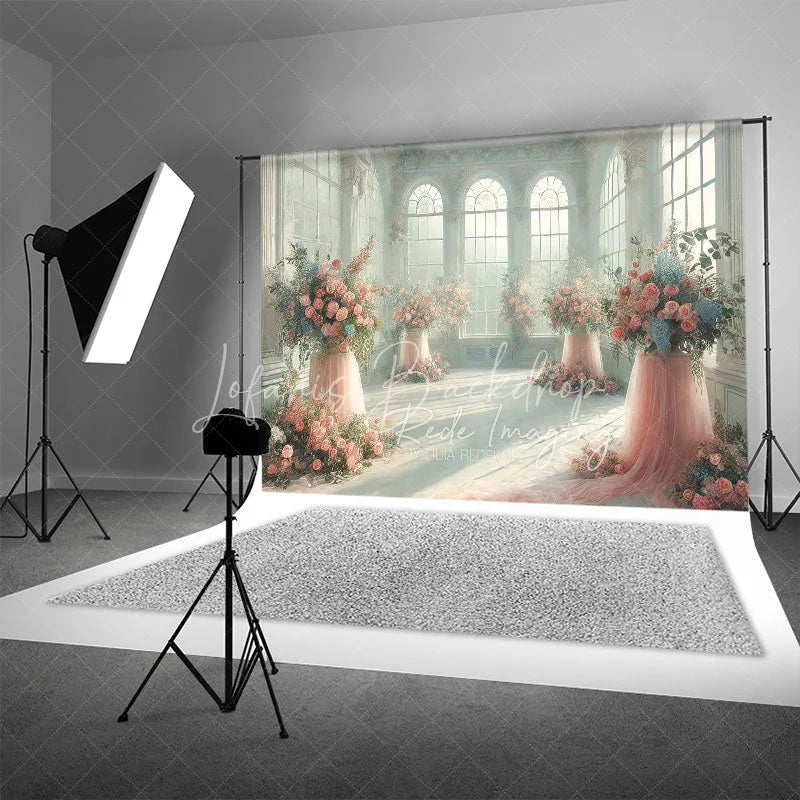 Lofaris Elegant White Room Wedding Backdrop Arched Windows and Pink Floral Tulle Stands Photography Background for Bridal