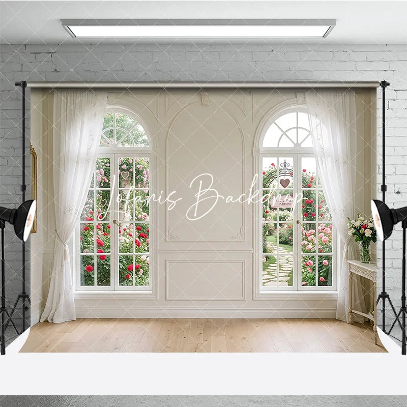 Lofaris Elegant White Room with Arched Windows and Rose Garden Photography Backdrop Romantic Valentine’s Day Theme