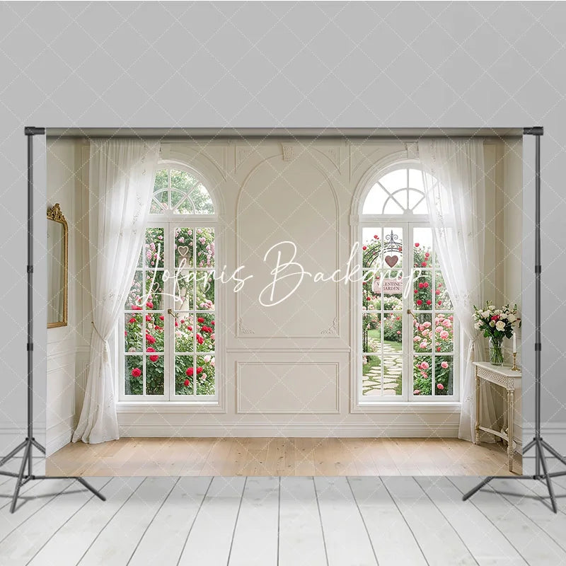 Lofaris Elegant White Room with Arched Windows and Rose Garden Photography Backdrop Romantic Valentine’s Day Theme