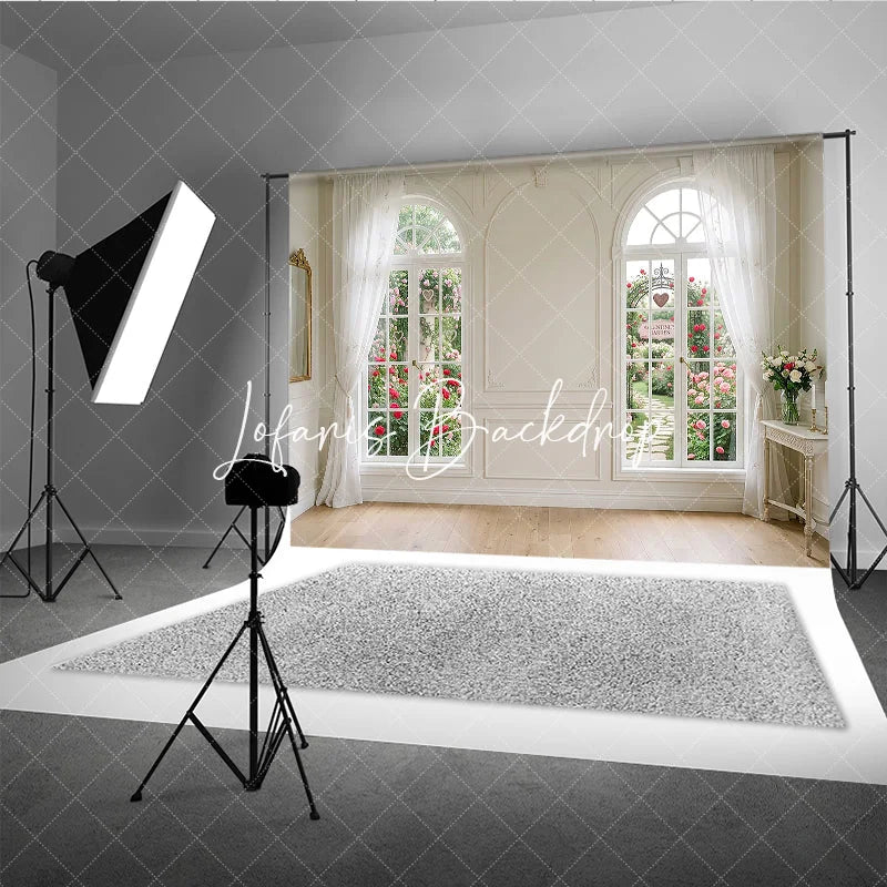 Lofaris Elegant White Room with Arched Windows and Rose Garden Photography Backdrop Romantic Valentine’s Day Theme