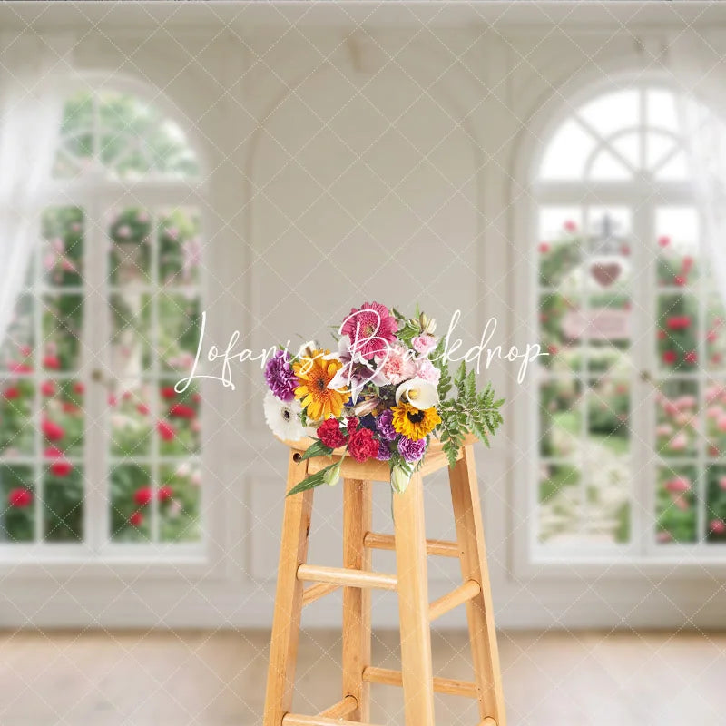 Lofaris Elegant White Room with Arched Windows and Rose Garden Photography Backdrop Romantic Valentine’s Day Theme