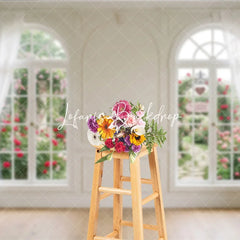 Lofaris Elegant White Room with Arched Windows and Rose Garden Photography Backdrop Romantic Valentine’s Day Theme