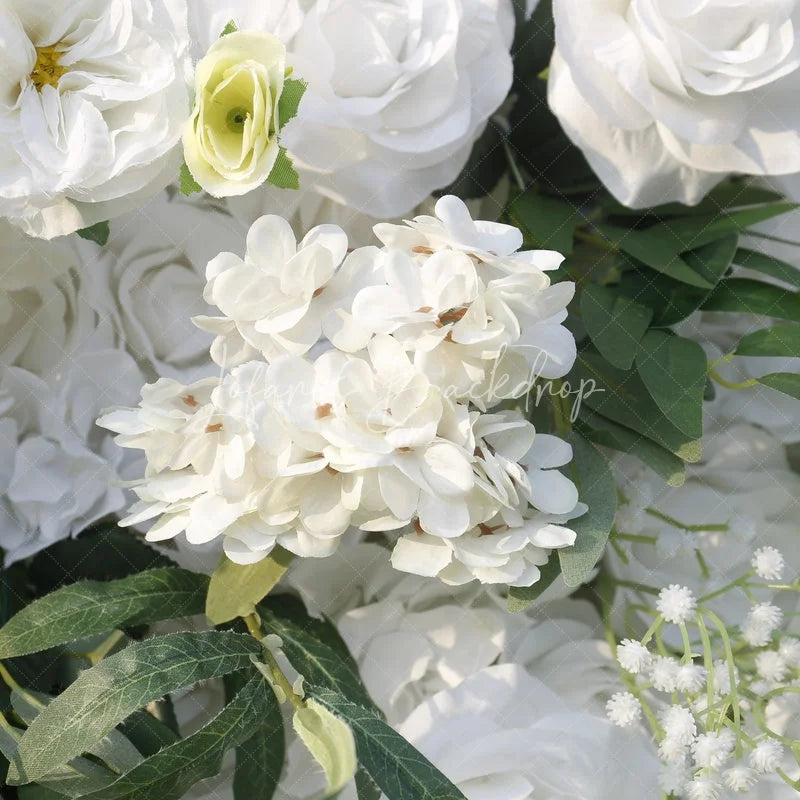Lofaris Elegant White Rose and Green Leaf Artificial Flower Wall Lush Floral Backdrop for Wedding Party Events