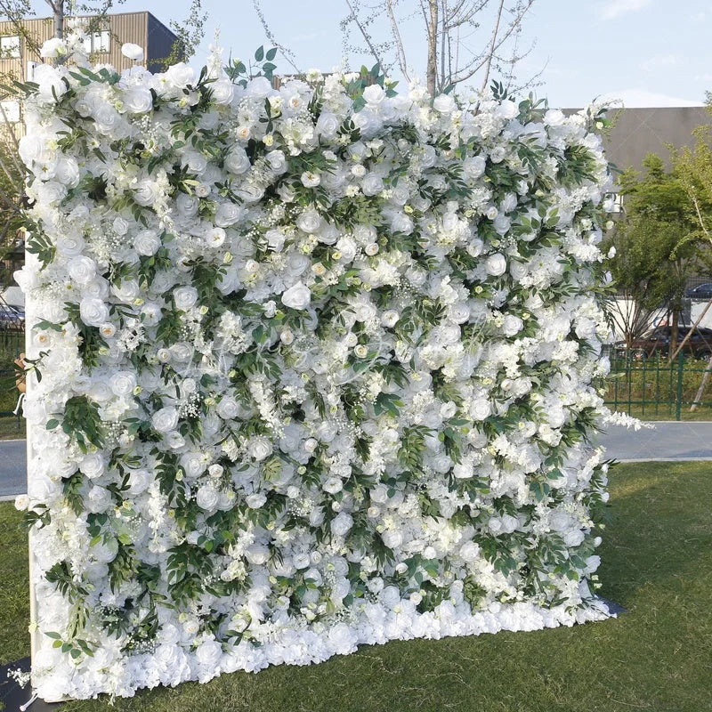 Lofaris Elegant White Rose and Green Leaf Artificial Flower Wall Lush Floral Backdrop for Wedding Party Events