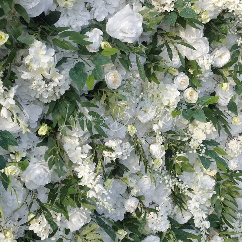 Lofaris Elegant White Rose and Green Leaf Artificial Flower Wall Lush Floral Backdrop for Wedding Party Events
