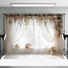 Lofaris Elegant White Sheer Curtains and Floral Window Photography Backdrop Romantic Pink Flowers Greenery Decor