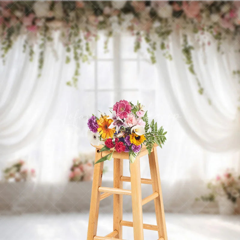 Lofaris Elegant White Sheer Curtains and Floral Window Photography Backdrop Romantic Pink Flowers Greenery Decor